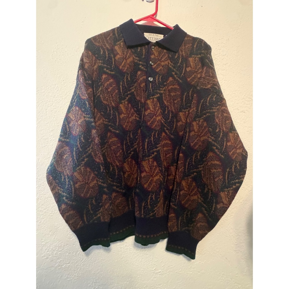 Vintage Ottimo Italy Wool Blend Abstract Leaf Knit Polo Sweater Mens XL Navy